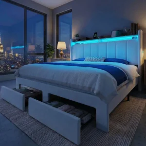 Bed Frame with LED Lights, Charging Station