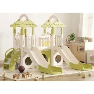 Toddler Slide, Double Slide Playset with Basketball Hoop